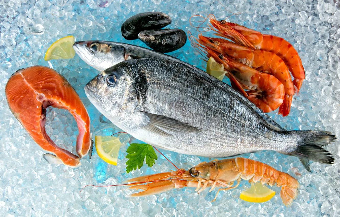 Photo wallpaper ice, lemon, fish, shrimp, seafood