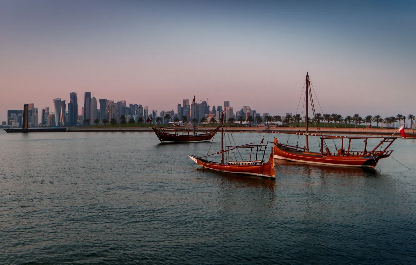Photo wallpaper sea, skyscrapers, Qatar, Nadezhda Demkina, Dhow Boats