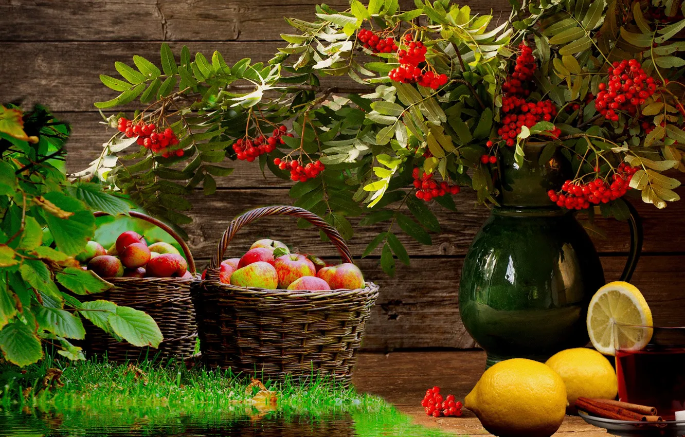 Photo wallpaper lemon, apples, food, fruit, still life, Rowan