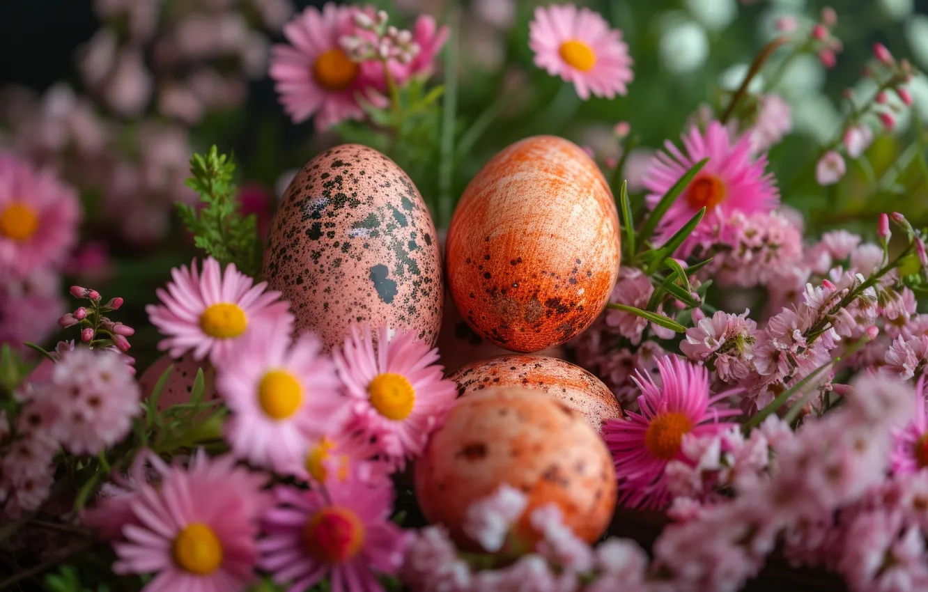 Photo wallpaper flowers, holiday, glade, eggs, spring, Easter, pink, red