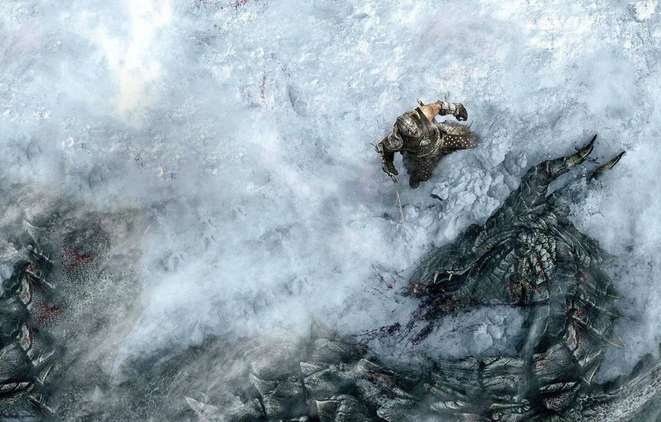 Photo wallpaper snow, dragon, hero, battle, The Elder Scrolls Skyrim