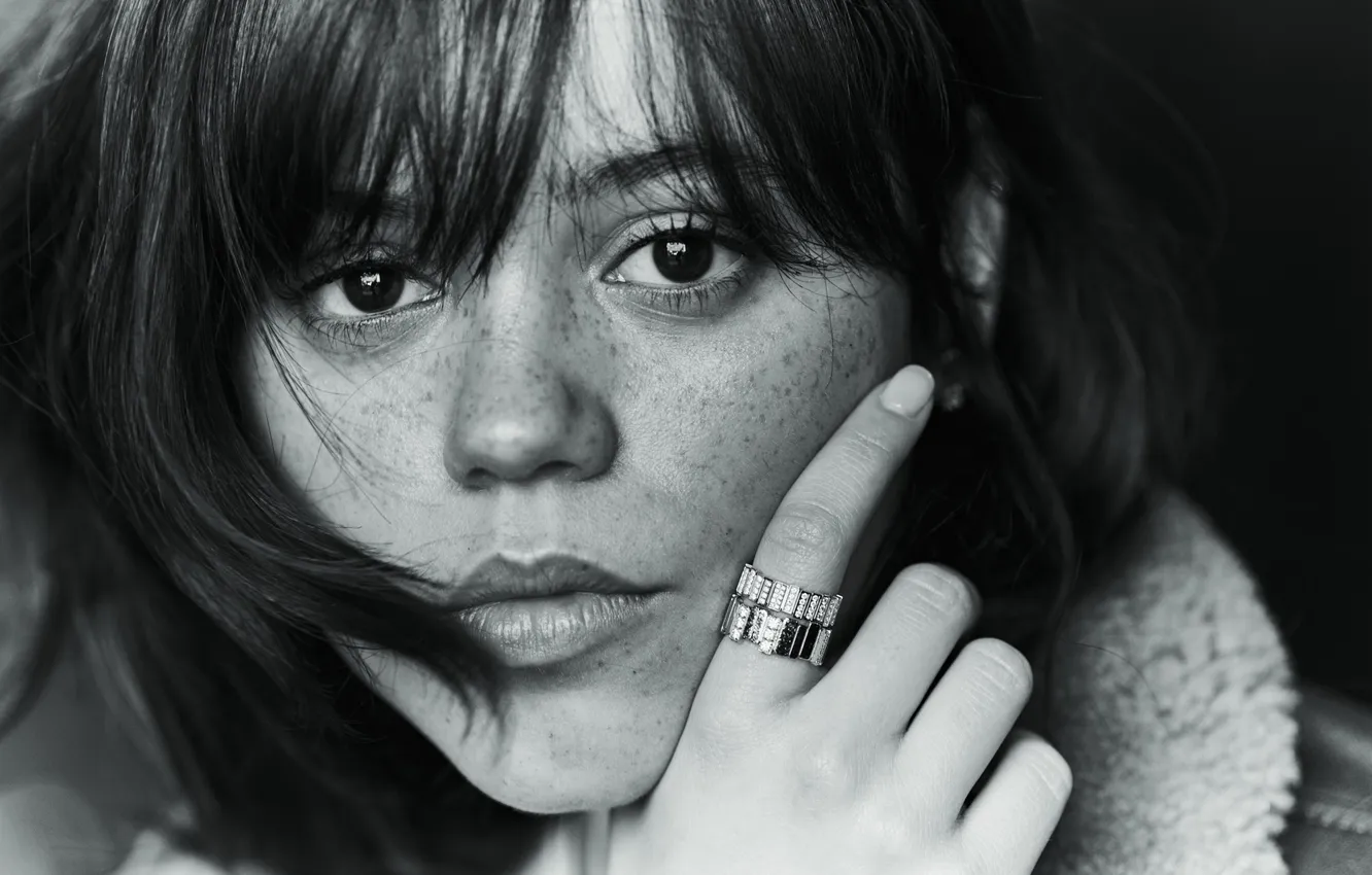 Photo wallpaper look, portrait, actress, ring, black and white photo, Jenna Ortega, Jenna Ortega