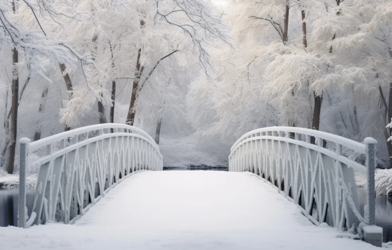 Photo wallpaper winter, snow, bridge, Park, landscape, bridge, park, winter