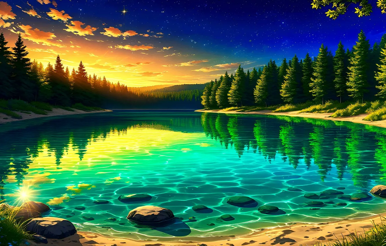 Photo wallpaper trees, lake, clear water, beauty, trees, lake, beauty, digital art