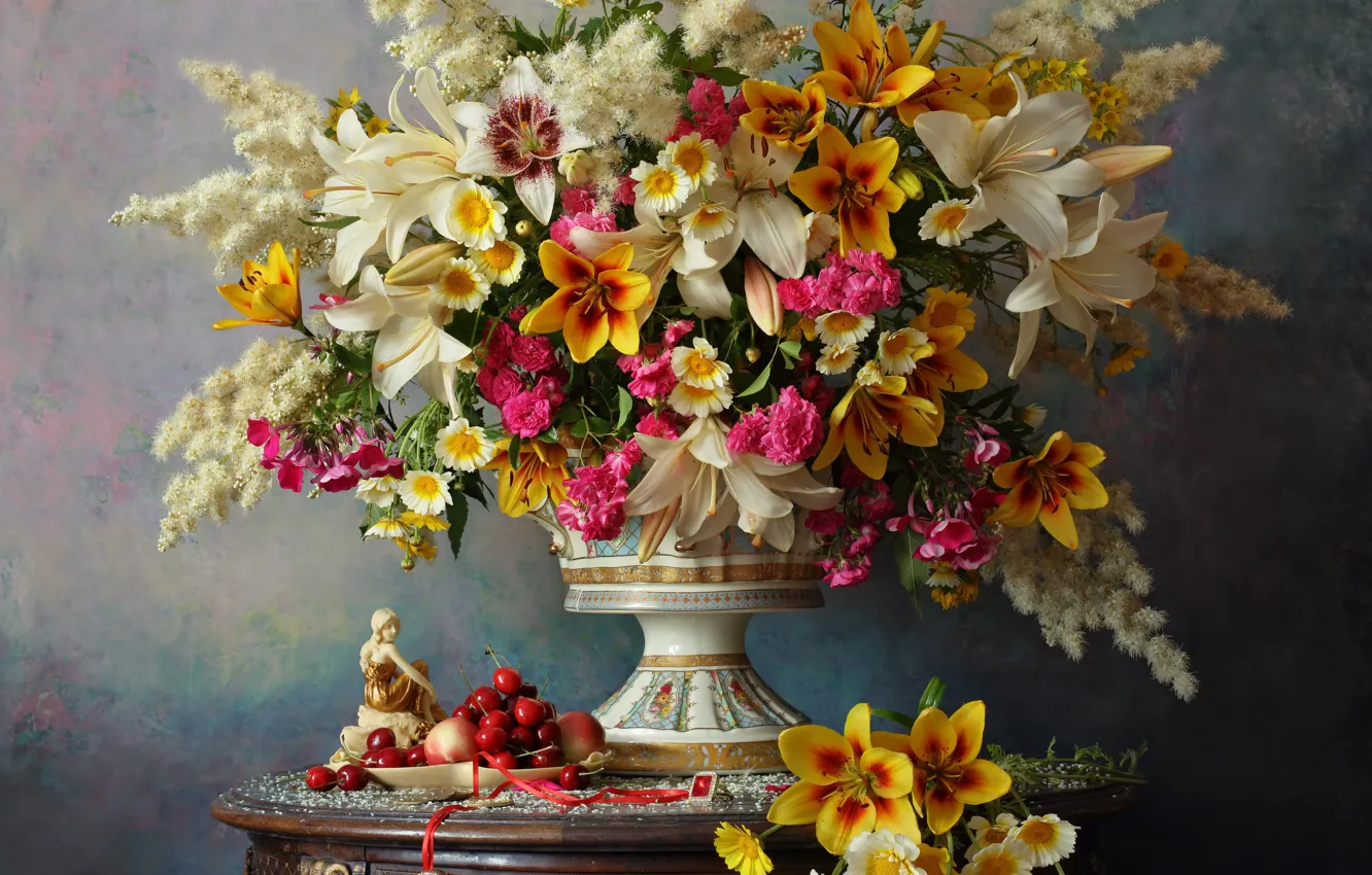 Photo wallpaper flowers, style, berries, Lily, roses, chamomile, bouquet, vase