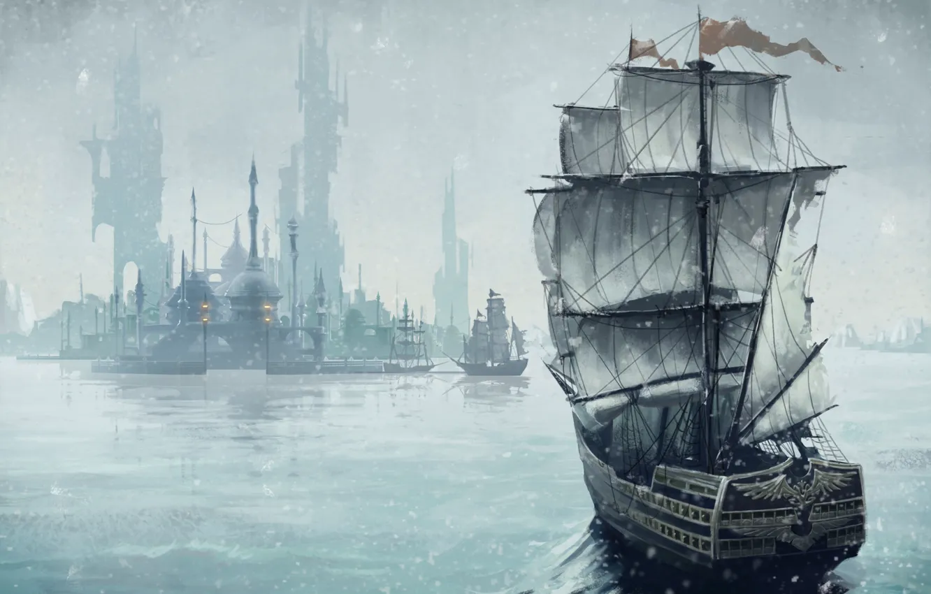 Photo wallpaper The city, Ships, Sails, Art, JeeHyung lee