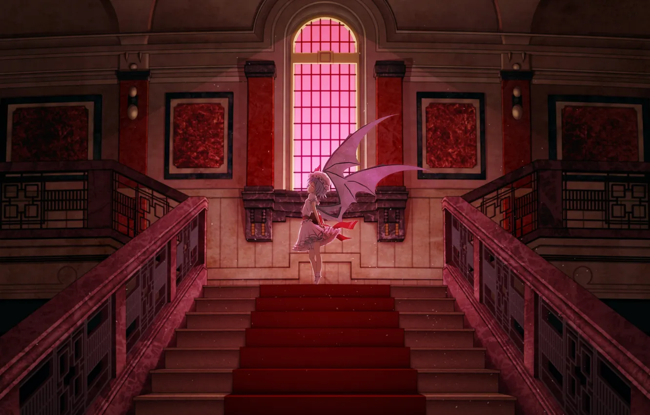 Photo wallpaper girl, home, wings, window, art, ladder, cap, touhou