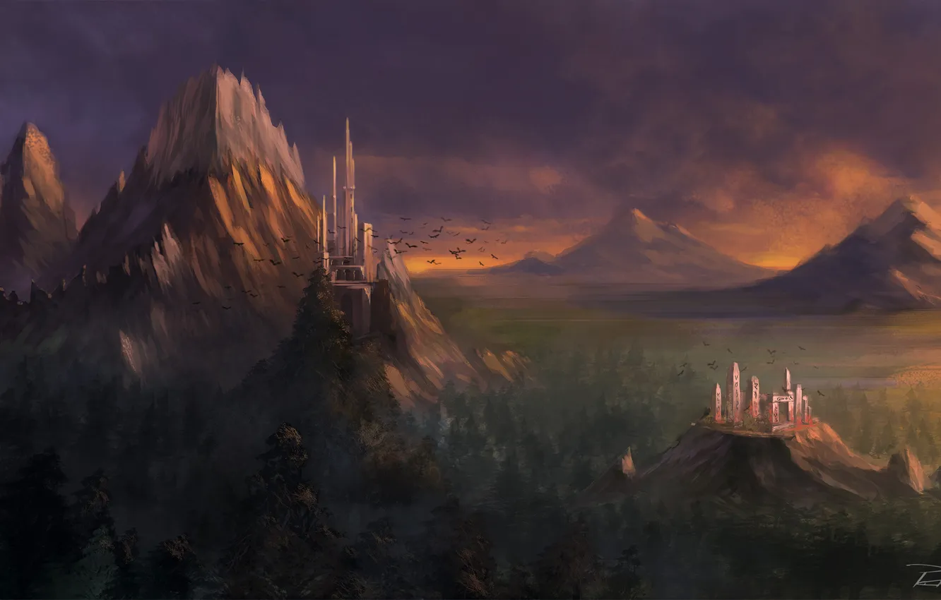 Photo wallpaper forest, landscape, mountains, castle, rocks, bird, art, vennom07