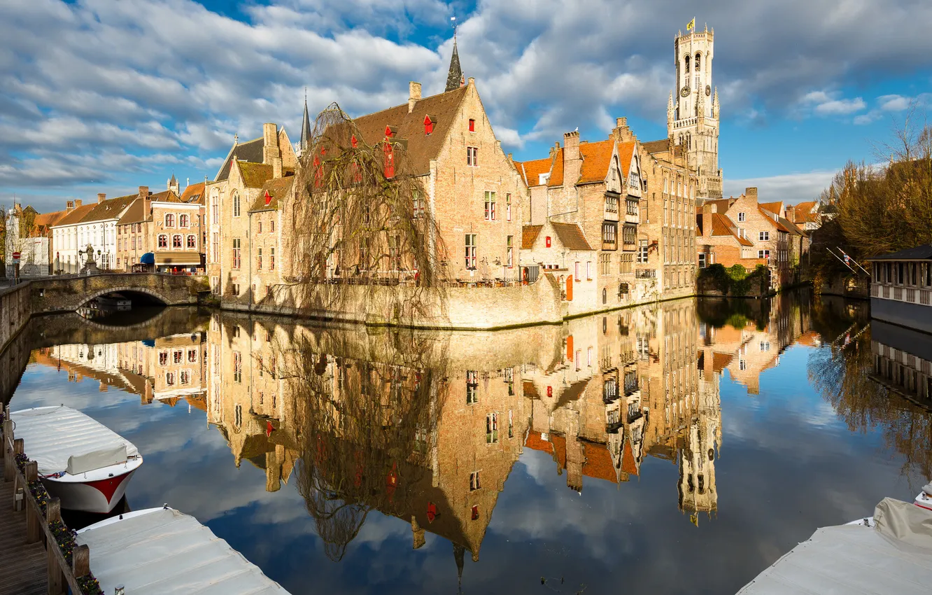 Photo wallpaper bridge, boat, home, channel, Belgium, Bruges