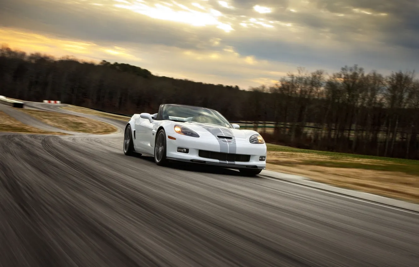 Photo wallpaper road, the sky, trees, Corvette, Chevrolet, supercar, convertible, Chevrolet