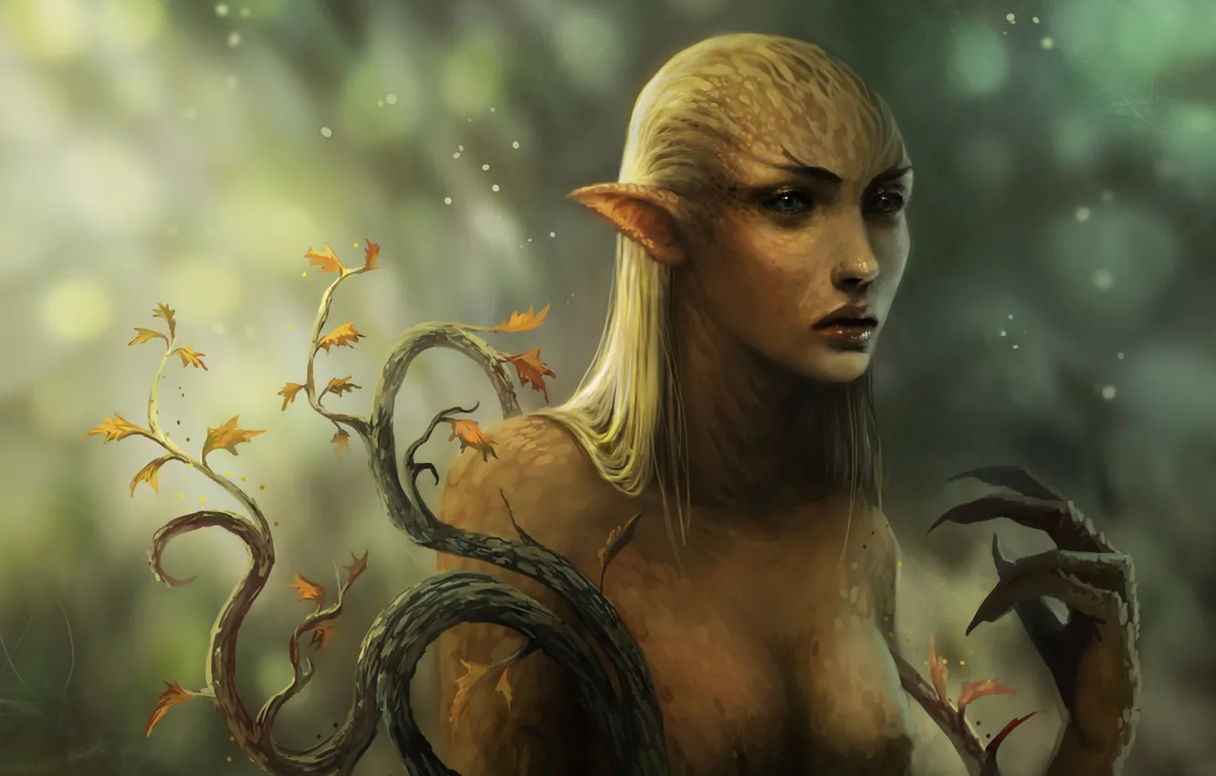 Photo wallpaper leaves, girl, stem, claws, Dryad