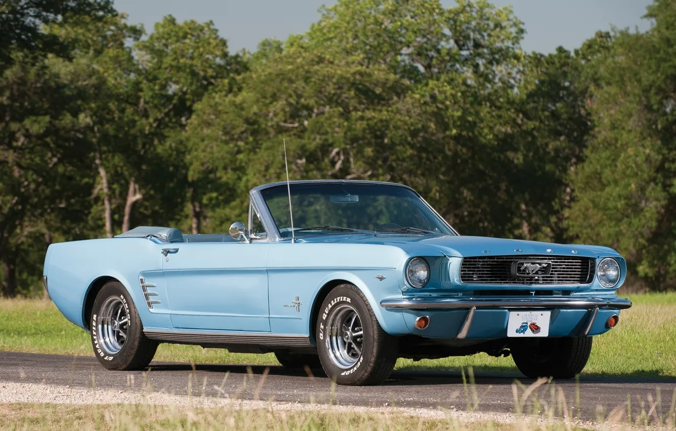 Photo wallpaper road, trees, blue, Mustang, Ford, Convertible, Ford, Mustang