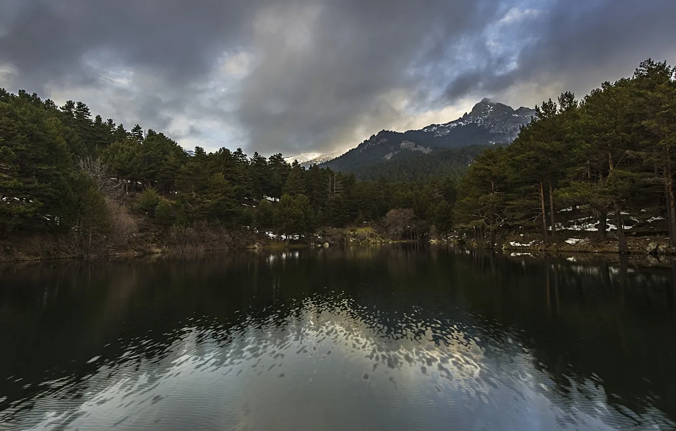 Photo wallpaper forest, mountains, clouds, lake, Spain