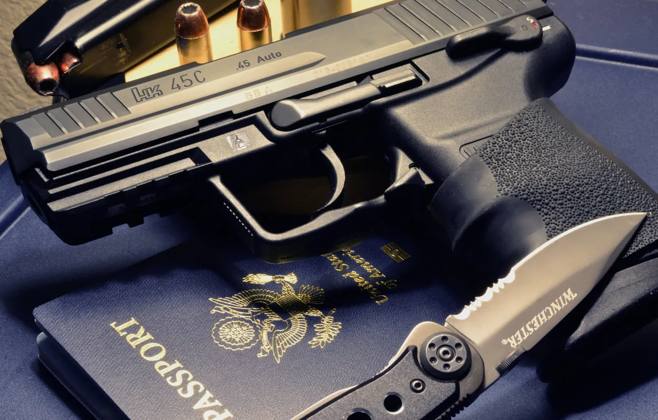 Photo wallpaper gun, knife, semi-automatic, HK45C