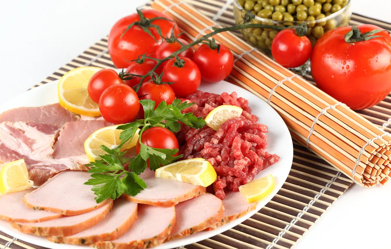Photo wallpaper lemon, peas, meat, tomatoes, tomatoes, cutting, ham, meat