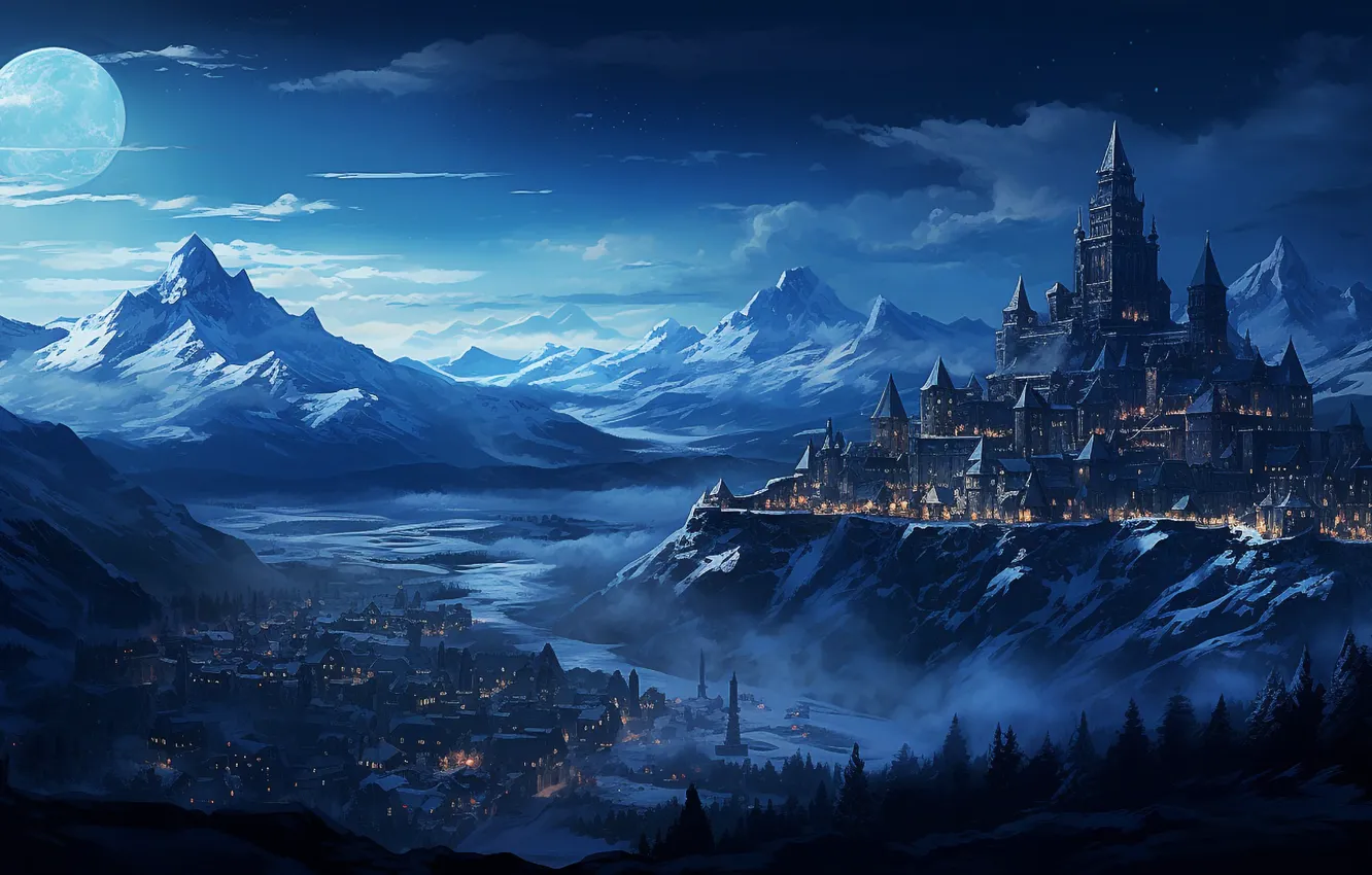 Photo wallpaper lights, moon, sky, trees, mountains, clouds, village, blue background