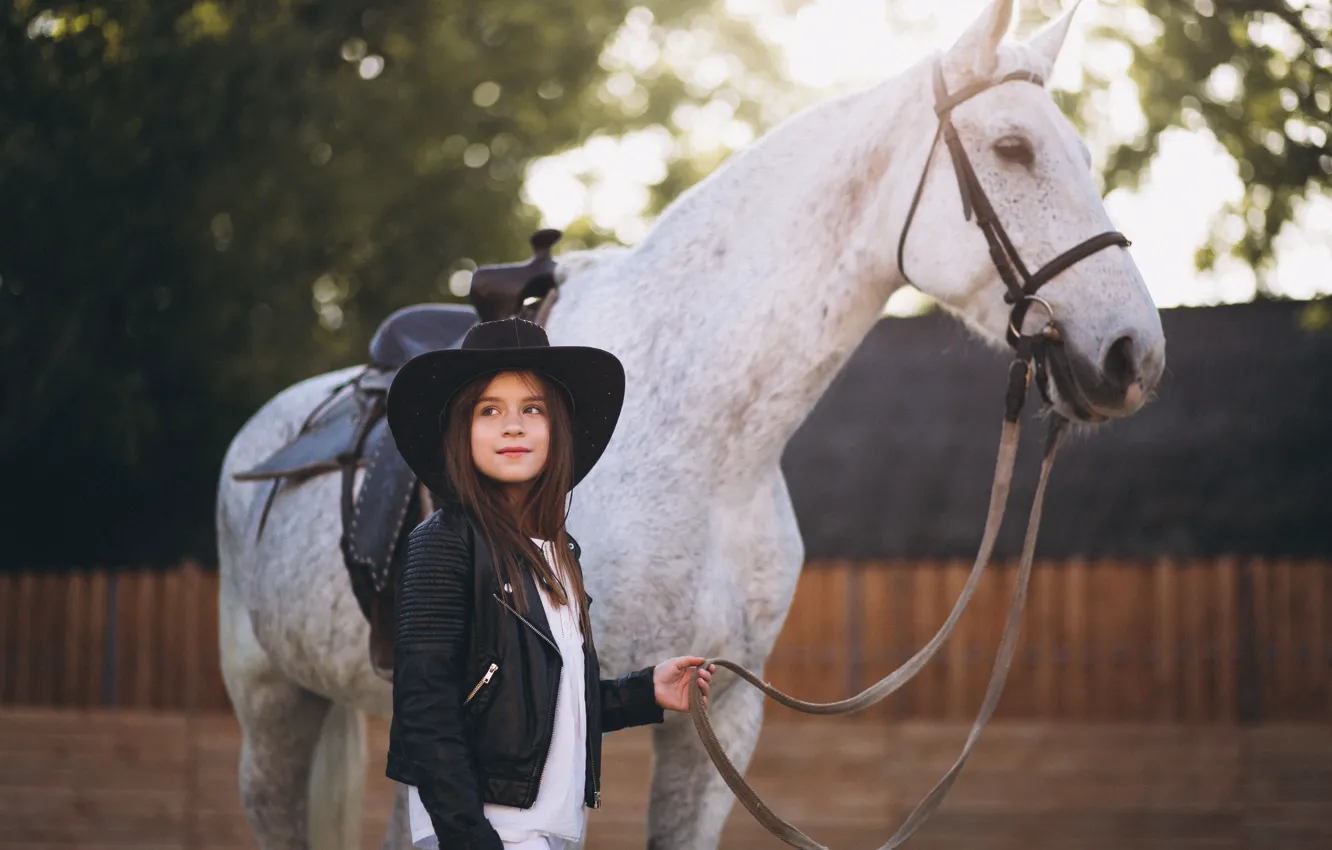 Photo wallpaper children, horse, horse, hat, jacket, girl, reasons
