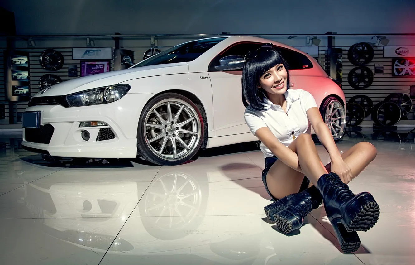 Photo wallpaper look, girl, smile, Volkswagen, Asian, beautiful girl, white car