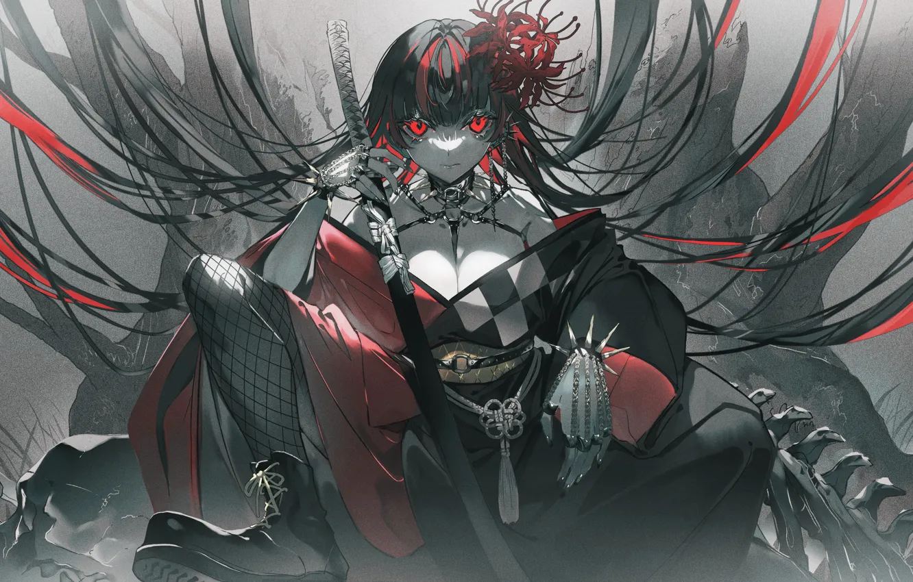 Photo wallpaper girl, katana, skeleton, red eyes, he lost his parents,