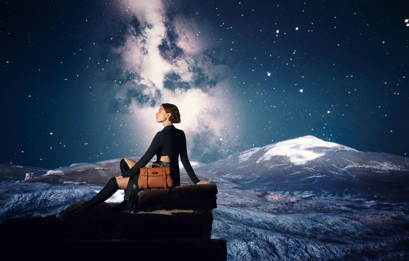 Photo wallpaper Girl, Night, Stars, Mulberry, Fashion, Designer bag, Designer handbags, Xmas campaign 21