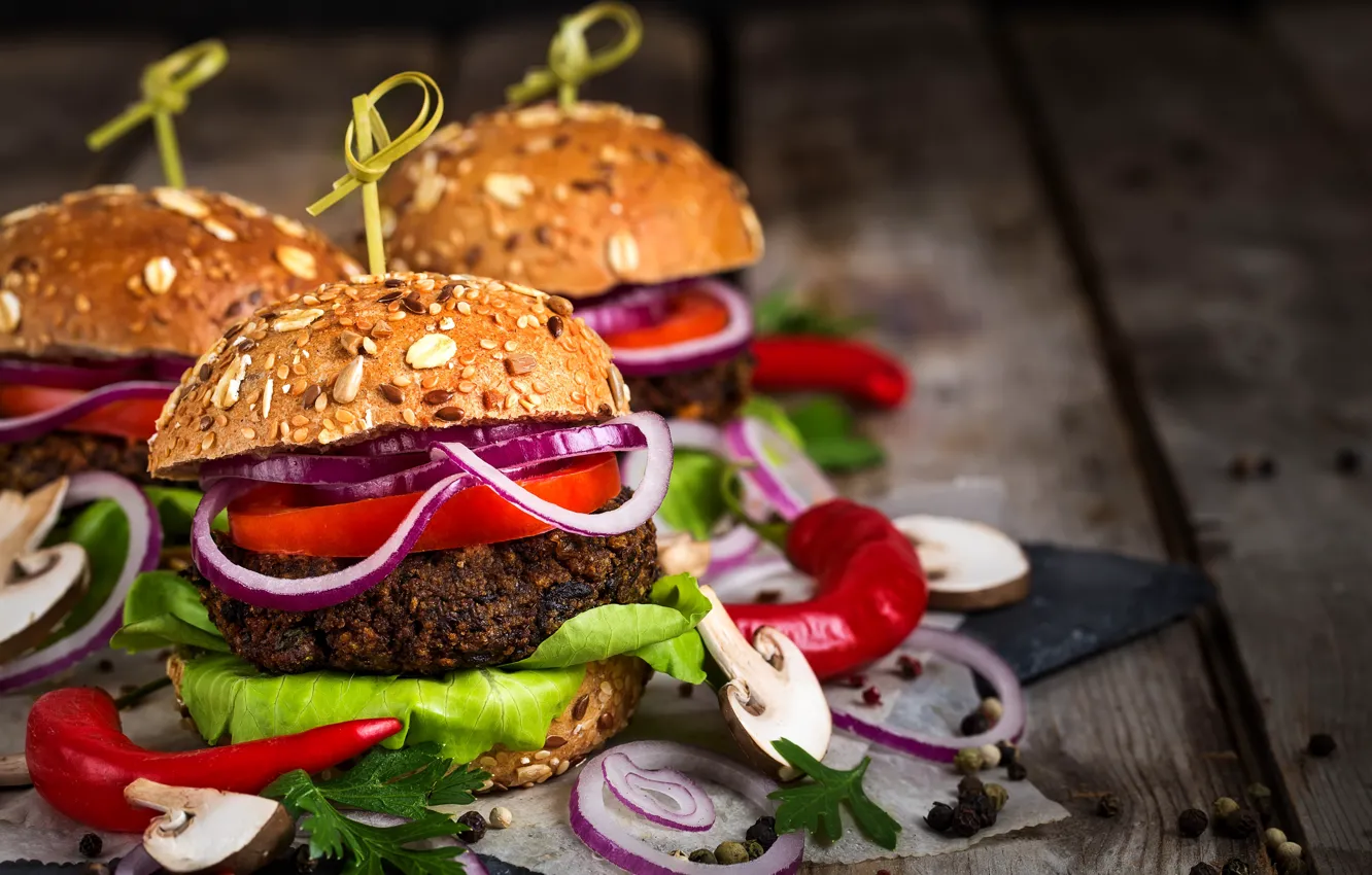 Photo wallpaper mushrooms, bow, pepper, hamburger, roll, salad