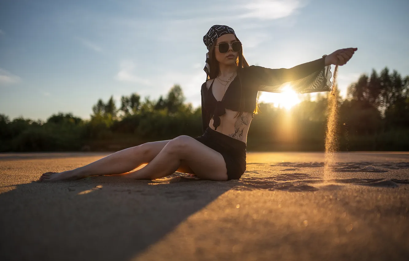 Photo wallpaper girl, sexy, beautiful, model, tattoo, sweet, sunglasses, long-haired