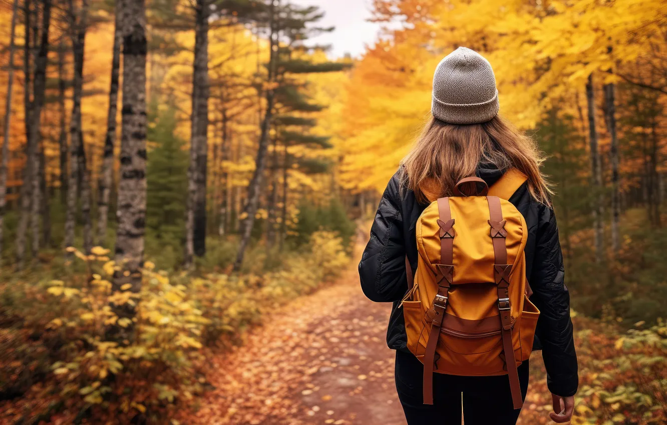Photo wallpaper road, autumn, forest, girl, Park, walk, tourism, backpack