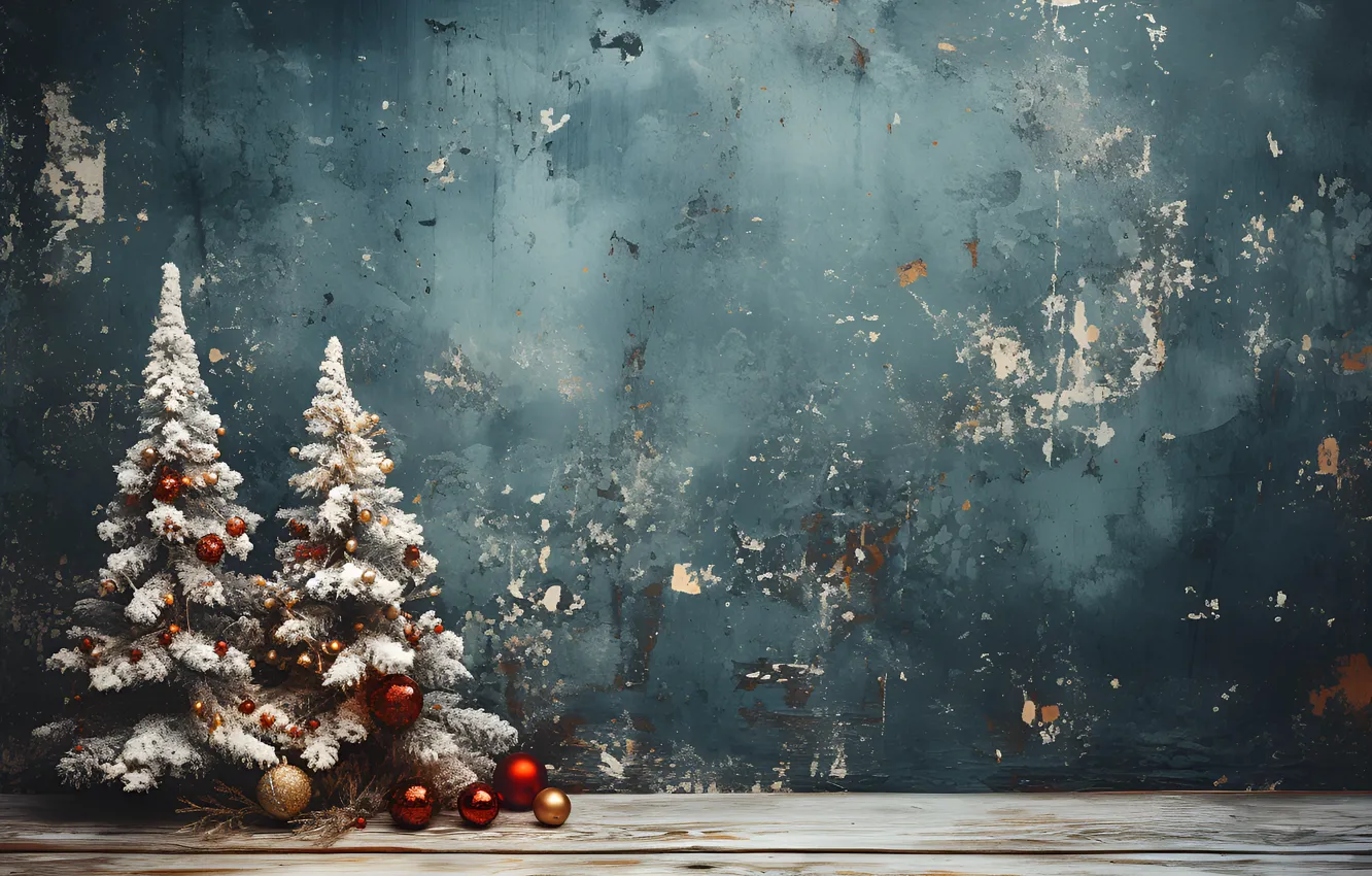 Photo wallpaper frost, balls, red, wall, Board, two, tree, new year