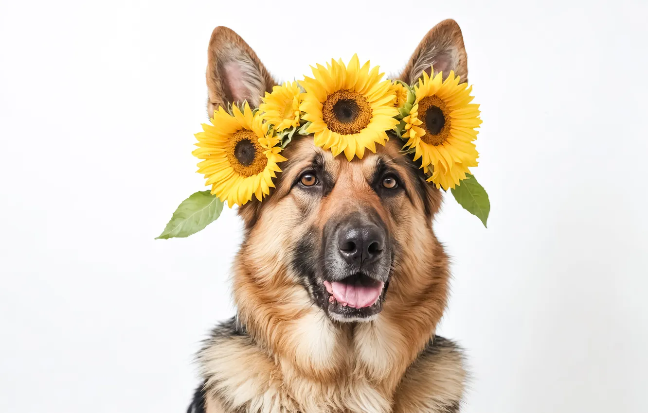 Photo wallpaper look, sunflowers, flowers, portrait, dog, white background, face, wreath