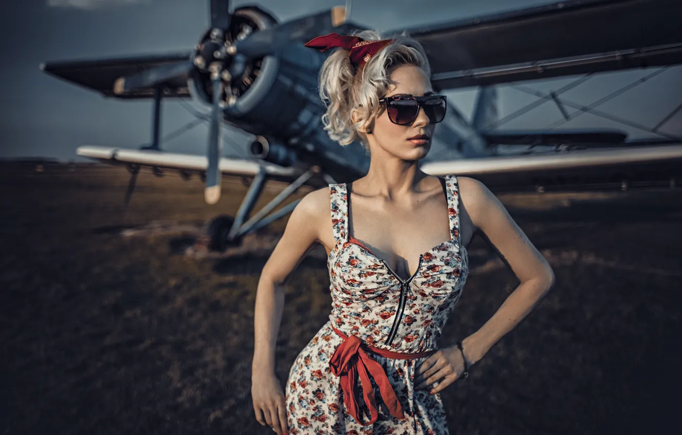 Photo wallpaper model, glasses, the plane, sundress, biplane
