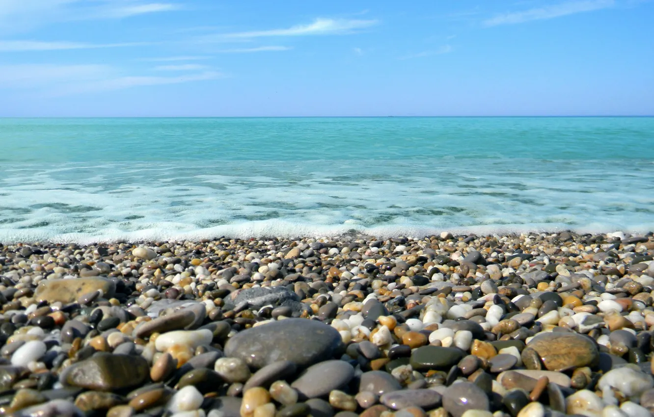 Photo wallpaper sea, foam, pebbles, stones, shore, calm