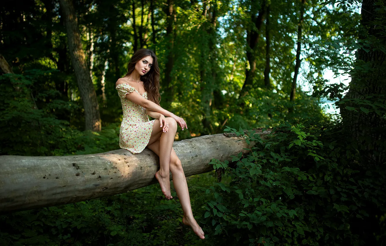 Photo wallpaper forest, summer, look, nature, barefoot, dress, legs, Nastya