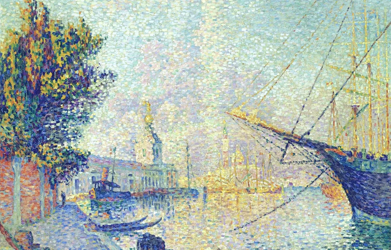 Photo wallpaper the city, ship, picture, pier, Paul Signac, Custom. Venice