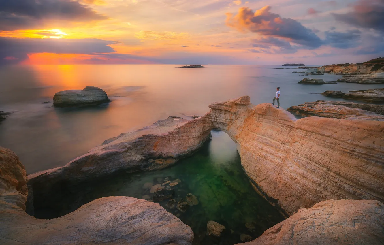 Photo wallpaper sea, landscape, sunset, nature, stones, rocks