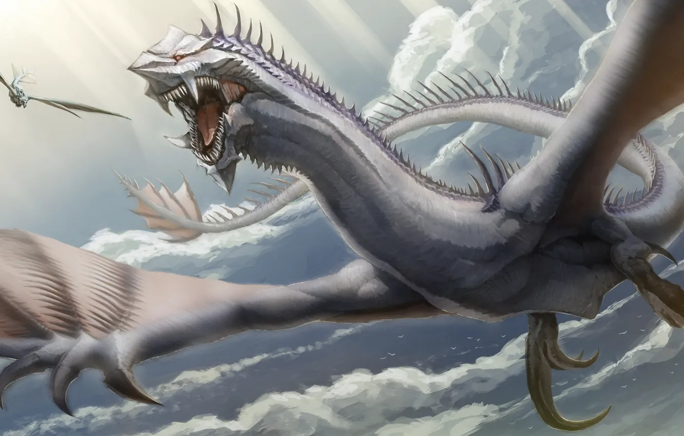 Photo wallpaper clouds, flight, dragon, wings, art, mouth, dragon, in the sky