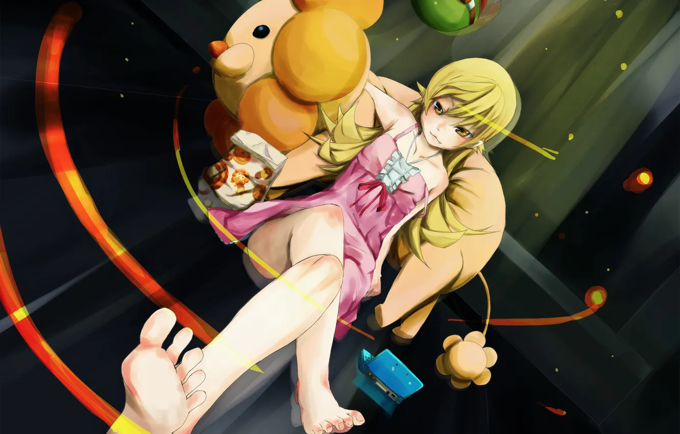 Photo wallpaper girl, feet, toy, Leo, art, bakemonogatari, oshino shinobu, sitting