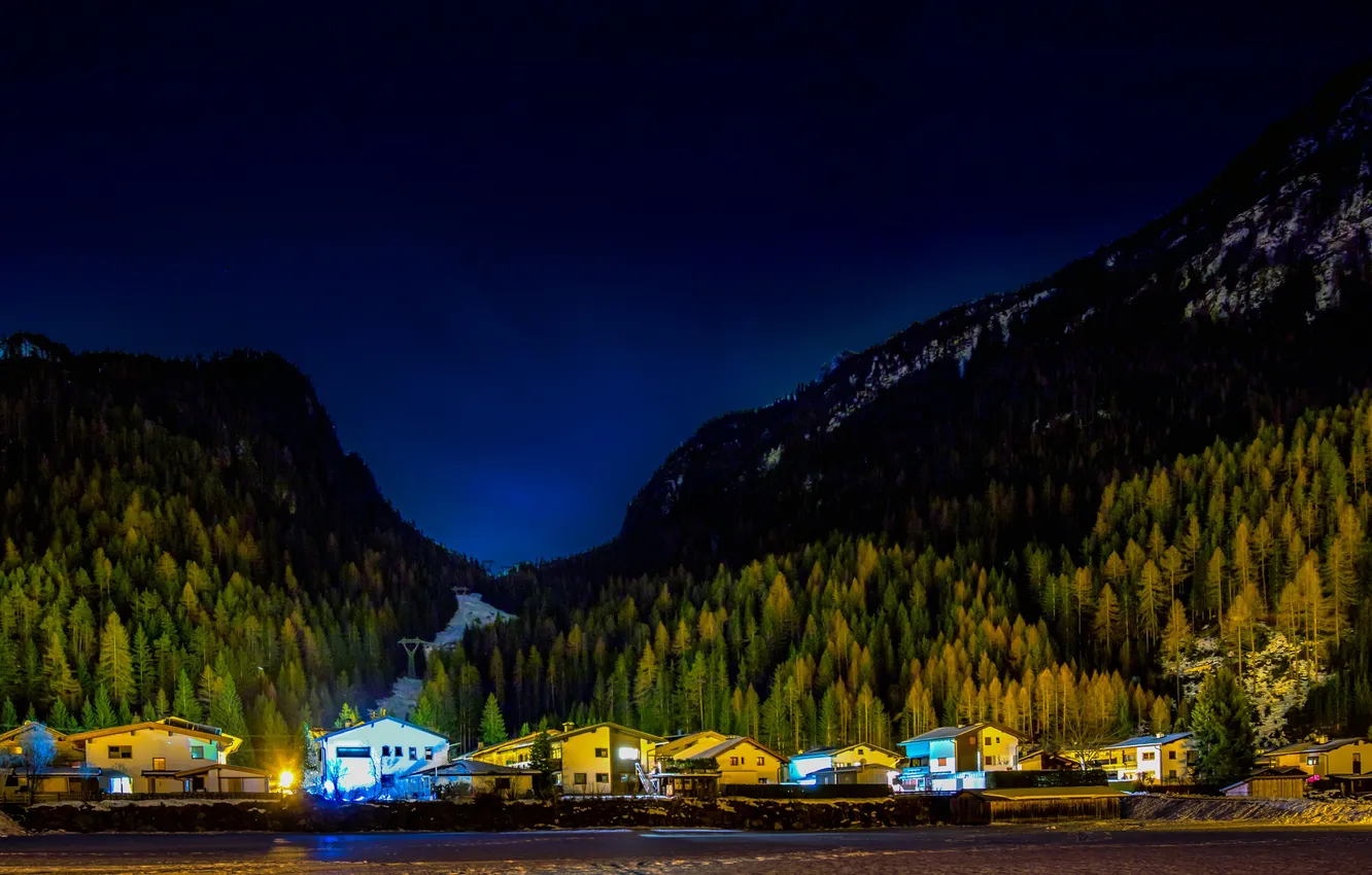 Photo wallpaper forest, snow, mountains, night, home, Tyrol, АвстрияHuben