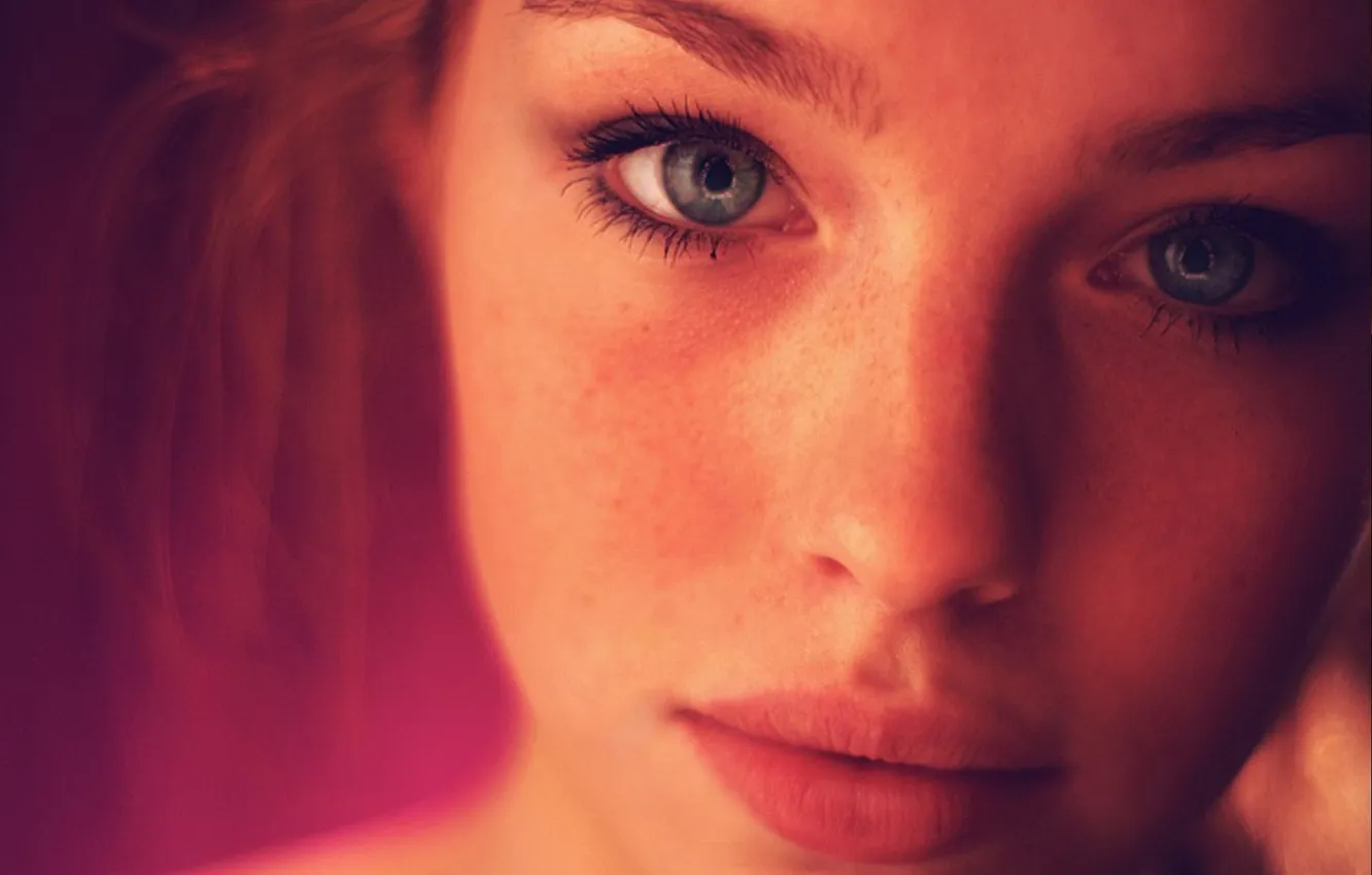 Photo wallpaper eyes, look, girl, face, lips, freckles
