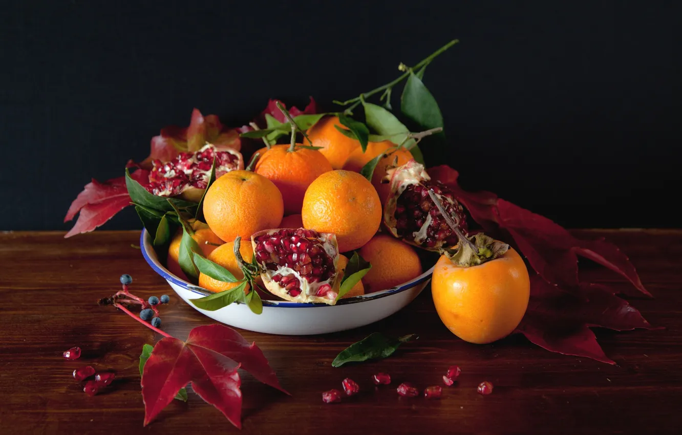 Photo wallpaper berries, food, fruit, garnet, tangerines, persimmon