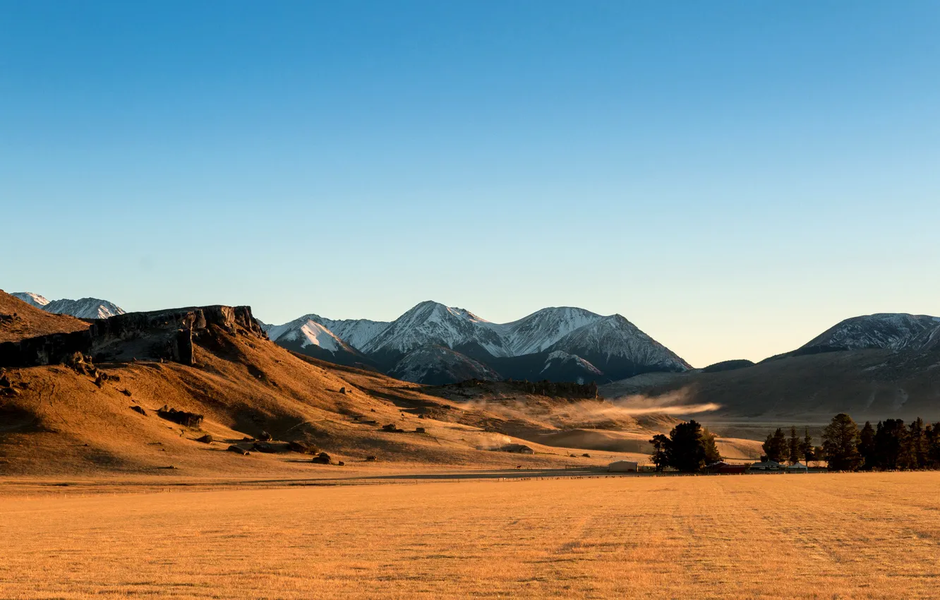 Photo wallpaper field, the sky, mountains, dawn, New Zealand, New Zeland