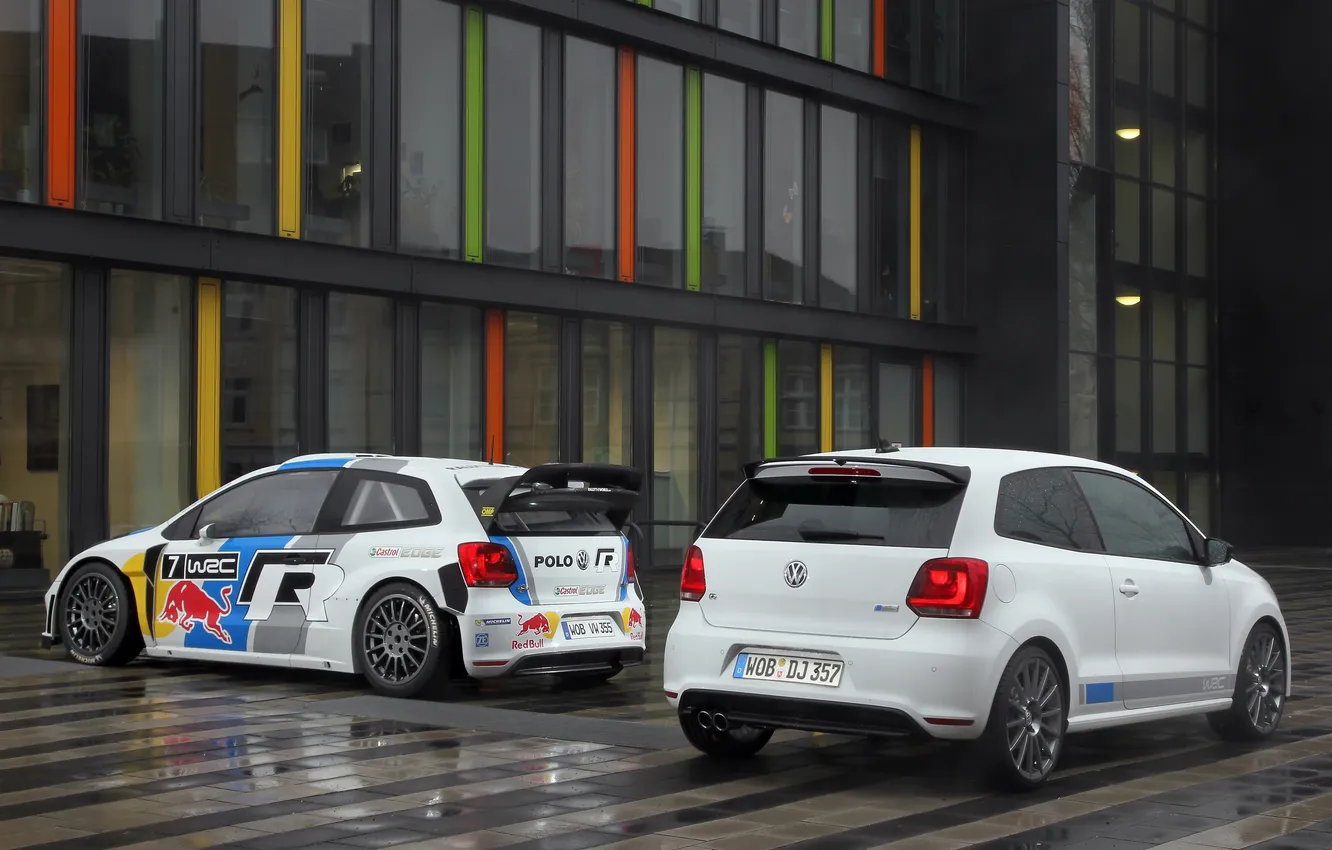 Photo wallpaper white, the city, reflection, street, two, Volkswagen, Red Bull, WRC