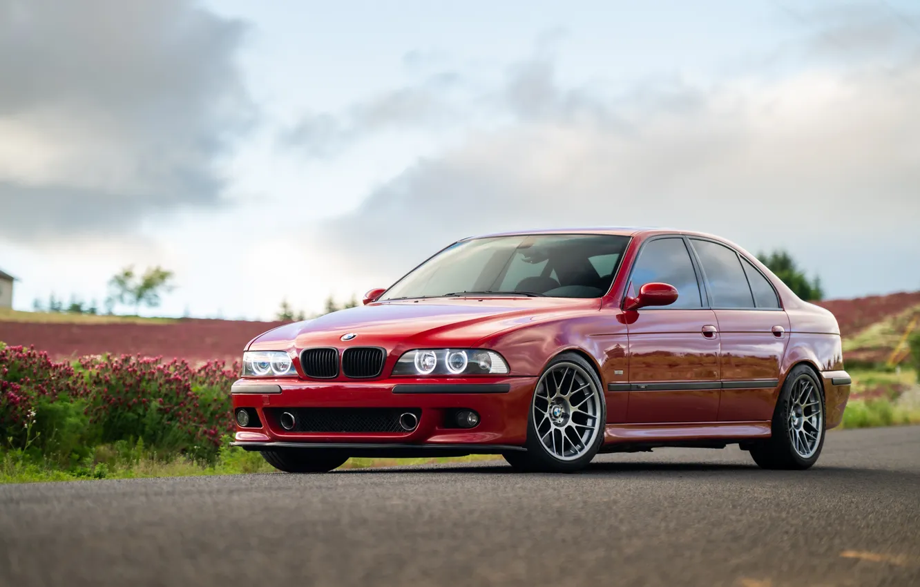 Photo wallpaper BMW, Red, Clouds, E39, Road, M5