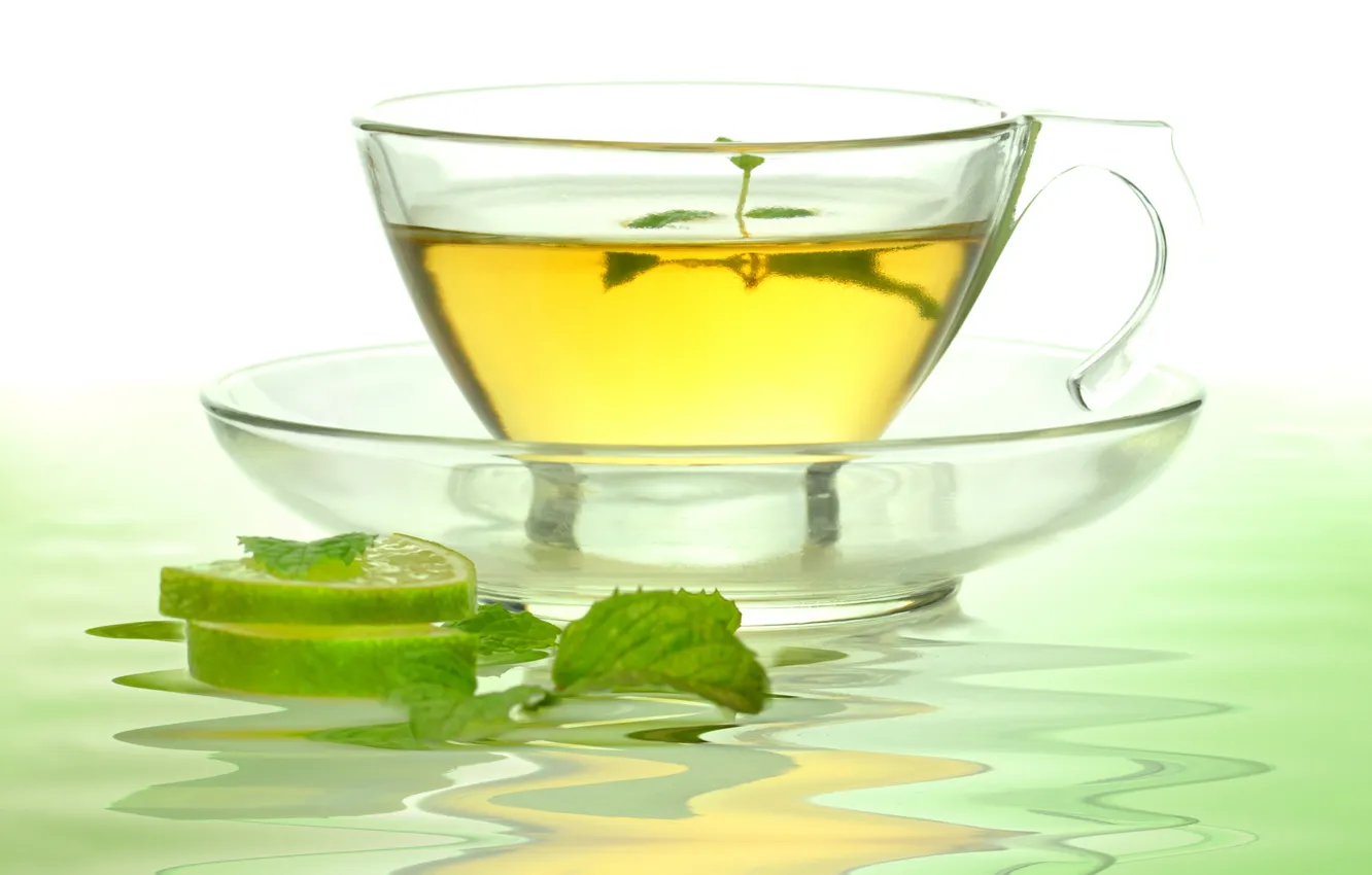 Photo wallpaper green, tea, Cup, lime, mint, saucer, glass