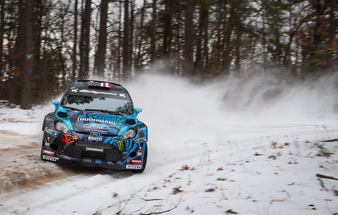 Photo wallpaper Ford, Winter, Trees, Snow, Turn, Ford, Skid, WRC