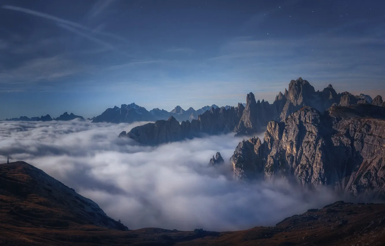 Photo wallpaper the sky, stars, clouds, mountains, fog, rocks, tops, view