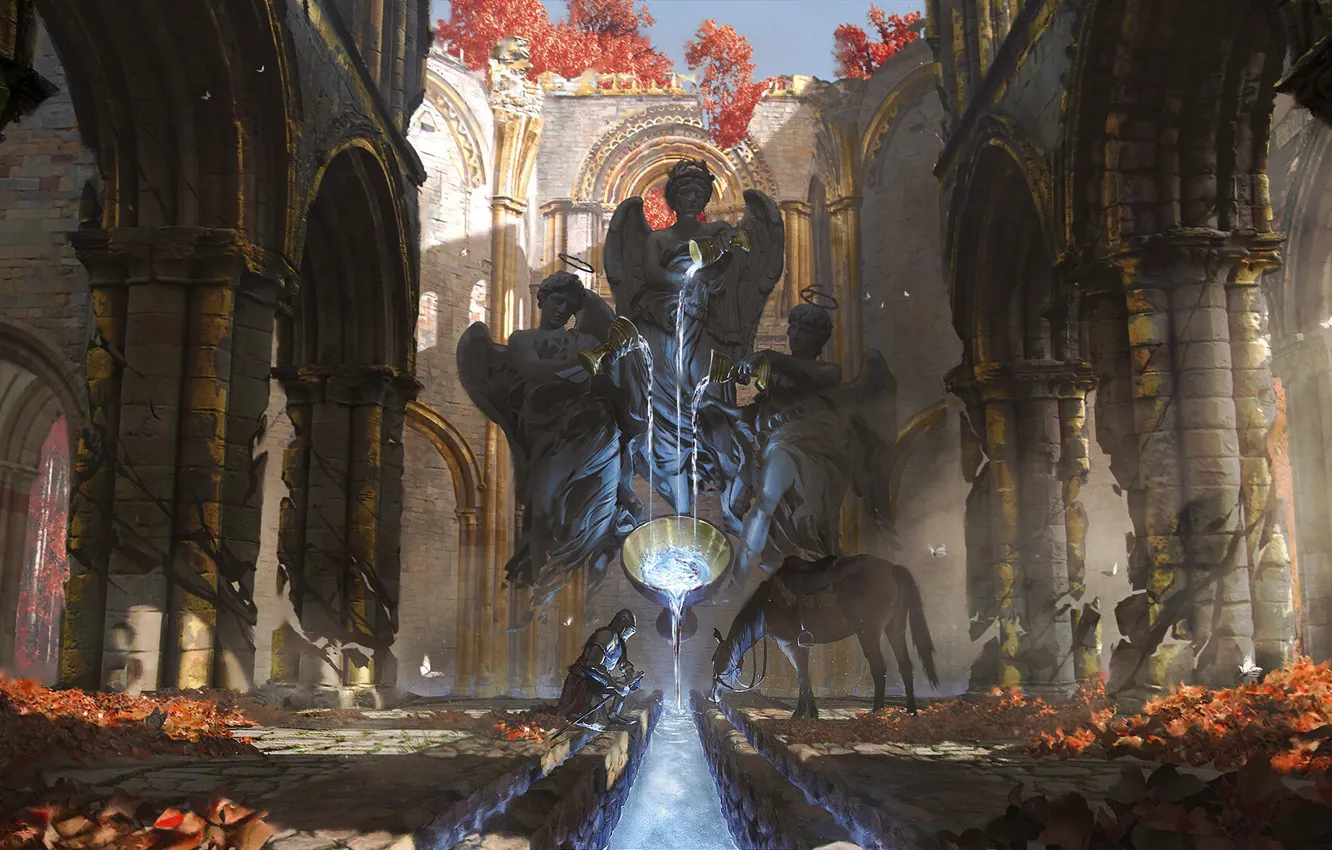Photo wallpaper sword, fantasy, armor, weapon, water, angels, ruins, horse