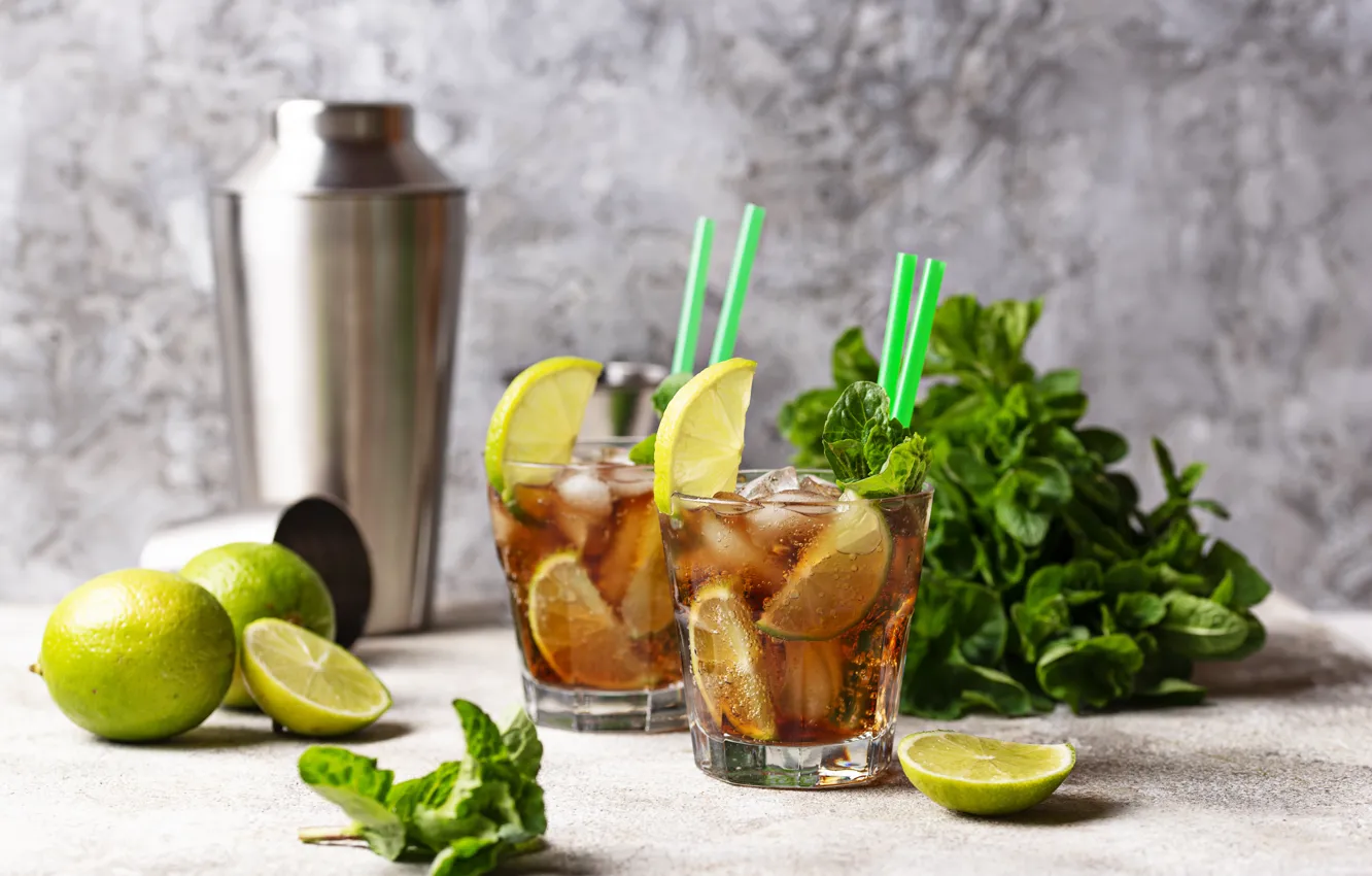 Photo wallpaper ice, glass, cocktail, lime, mint, slices, Yuliya Furman