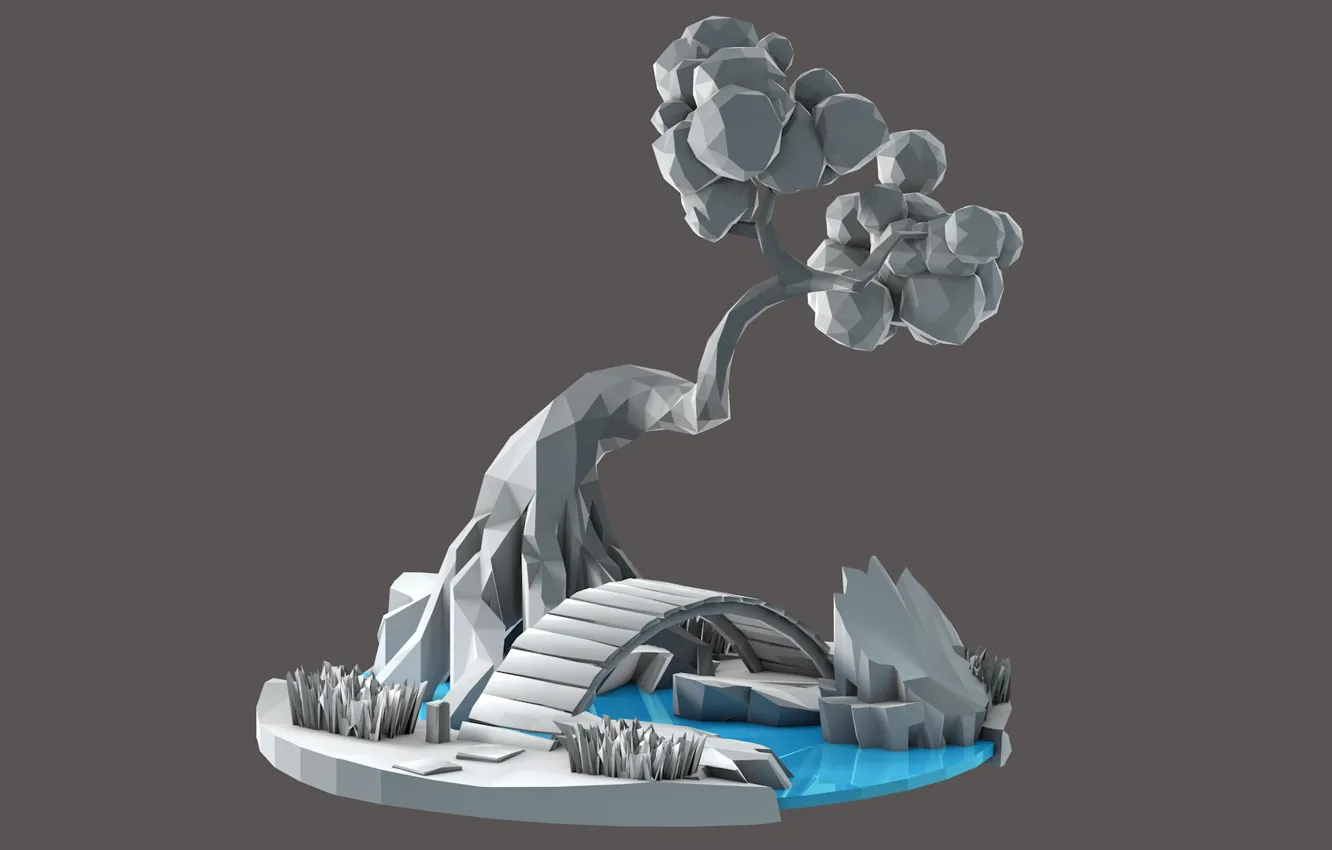 Photo wallpaper grass, trees, bridge, stream, gray tones, low poly