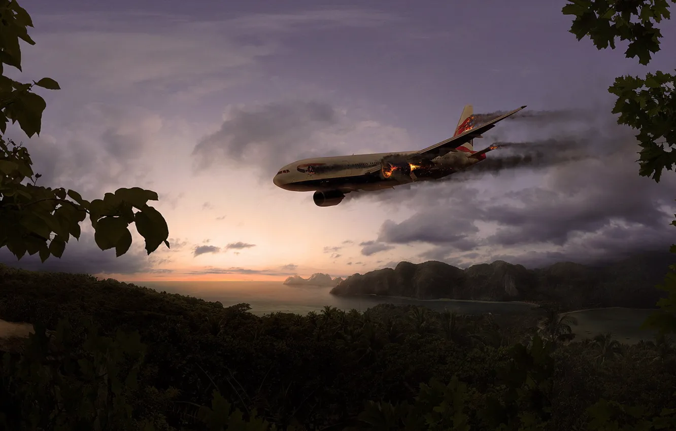 Photo wallpaper people, island, the crash, The sky, jungle, torch, the plane