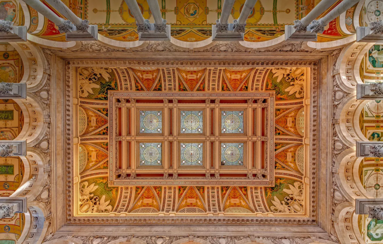 Photo wallpaper the ceiling, Washington, USA, arch, The Library Of Congress, The Great Hall